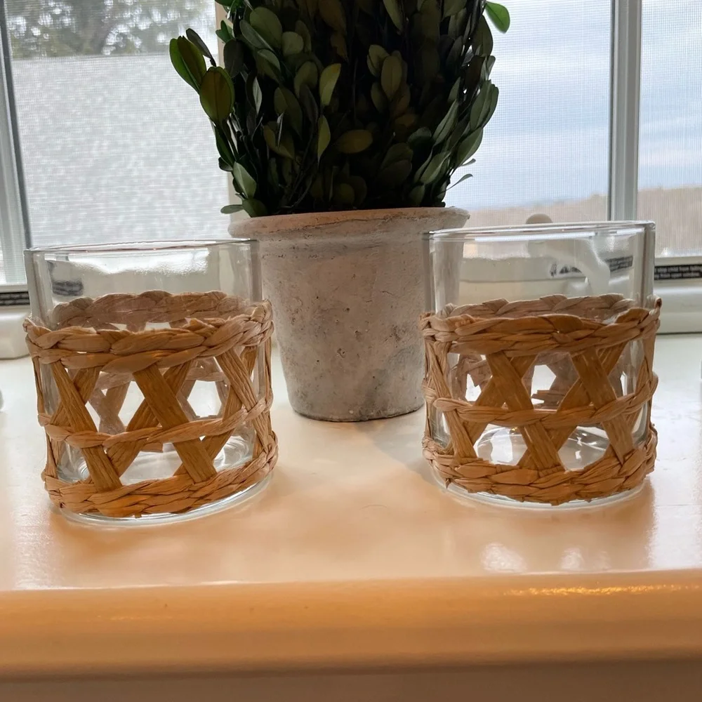 2 Rattan Wrapped Small Glass Hurricanes - Picture 7 of 9